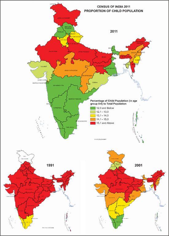 Procent dzieci w wieku 0-6 w ogóle populacji Indii w latach 1991, 2001, 2011