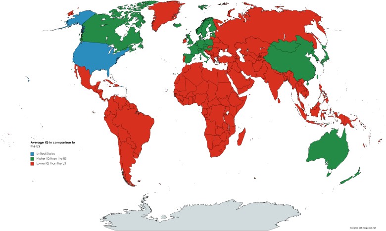 Średni iloraz inteligencji IQ według kraju w odniesieniu do USA
