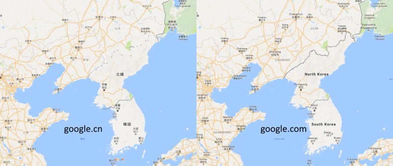 Granica pomiędzy Koreą Północną a Chinach na mapie googla w wersji chińskiej i międzynarodowej