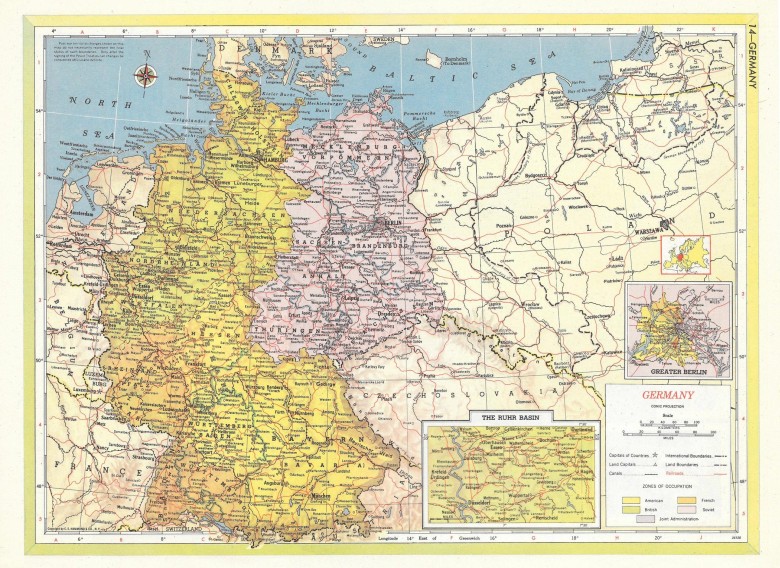 Mapa Niemiec z nieniesionymi strefami okupacyjnymi, stan z 1957 roku