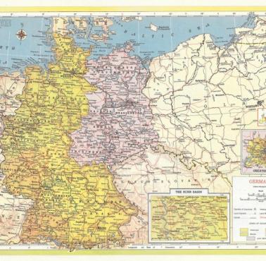 Mapa Niemiec z nieniesionymi strefami okupacyjnymi, stan z 1957 roku
