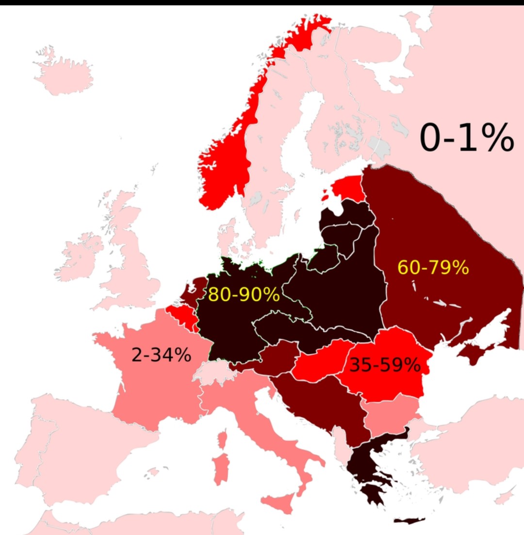 Procent Żydów zamordowanych przez Niemców w trakcie II wojny światowej w poszczególnych państwach Europy