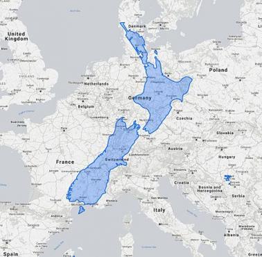 Mapa Nowej Zelandii nałożona na mapę Europy