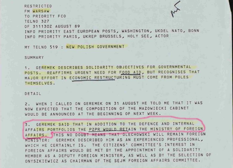 Odtajnione przez Wielką Brytanię dokumenty (1988-89) związane z działalnością Bronisława Geremka