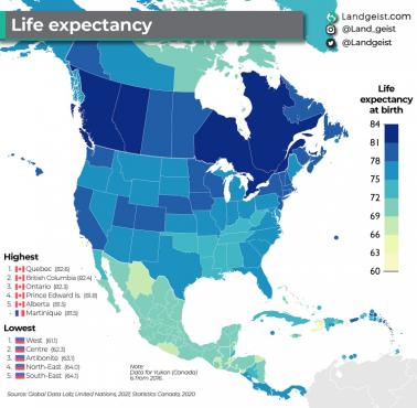 Spodziewana długość życia w USA i Kanadzie z podziałem na stany i regiony, 2020, 2021