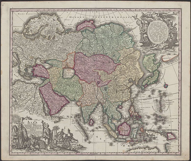 Mapa Bliskiego Wschodu, Rosji, Indii, Chin, Japonii do Azji Południowo-Wschodniej wybrzeży Australii z 1744 roku