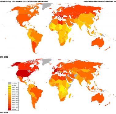 Mapa zużycia kalorii na osobę (dziennie) w poszczególnych krajach świata w latach 1979-1981 i 2001-2003