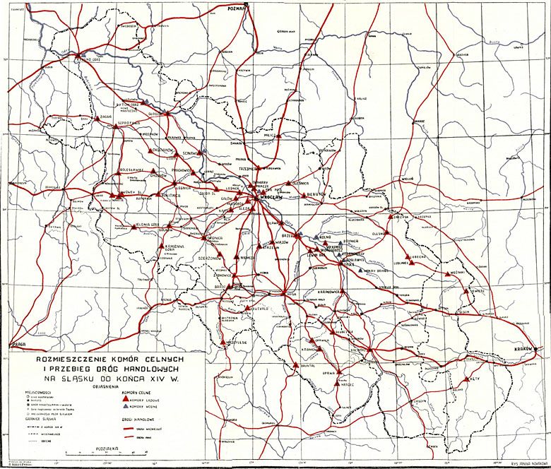 Rozmieszczenie komór celnych, główne szlaki handlowe na Śląsku do końca XIV wieku