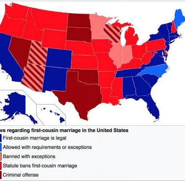 Legalność małżeństw z kuzynem/kuzynką w poszczególnych stanach USA