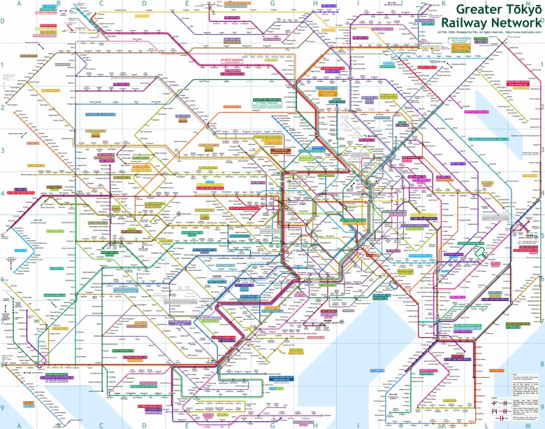 Sieć kolejowa aglomeracji Tokio (2 tys. stacji, 121 linii, 30 różnych operatorów)