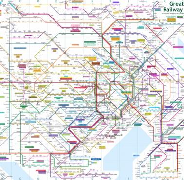 Sieć kolejowa aglomeracji Tokio (2 tys. stacji, 121 linii, 30 różnych operatorów)