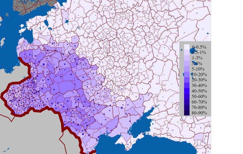 Odsetek ludności Imperium Rosyjskiego mówiącej w jidysz (język judeo-germański, Żydzi) w 1897 r.
