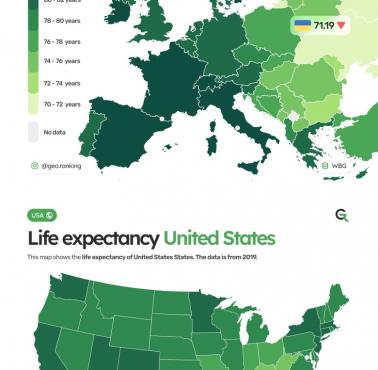 Spodziewana długość życia w Europie (2020) i USA (2019)