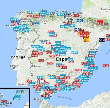 Mapa przypadków korupcji w Hiszpanii z podziałem na partie