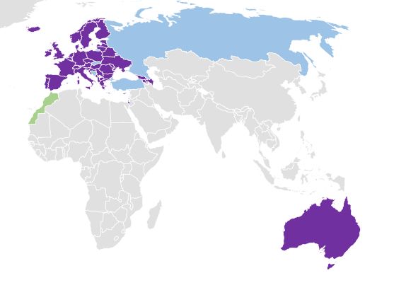 Uczestnicy konkursu Eurowizji, fioletowy - 2017 uczestnik, niebieski - ostatni występ 2000, zielony - ostatni występ przed 2000