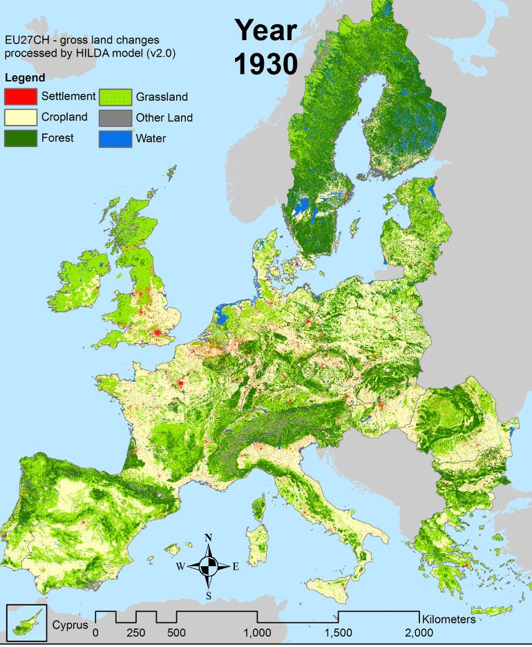 Zmiana przeznaczenia gruntów w Europie na przestrzeni lat 1900-2010 (animacja)