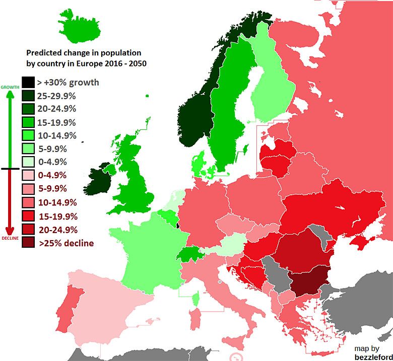 Przewidywane zmiany w populacji w poszczególnych europejskich krajach, perspektywa 2016 do 2050