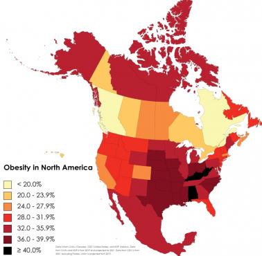 Współczynnik otyłości w Ameryce Północnej, w tym w poszczególnych stanach USA, Kanadzie i Meksyku, 2021