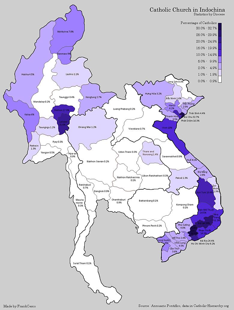 Katolicy w Indochinach, podział na diecezje