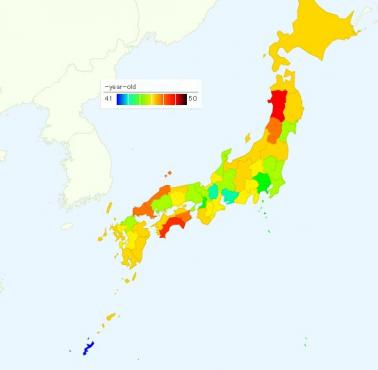 Średni wiek w Japonii według prefektur (dane 2013)