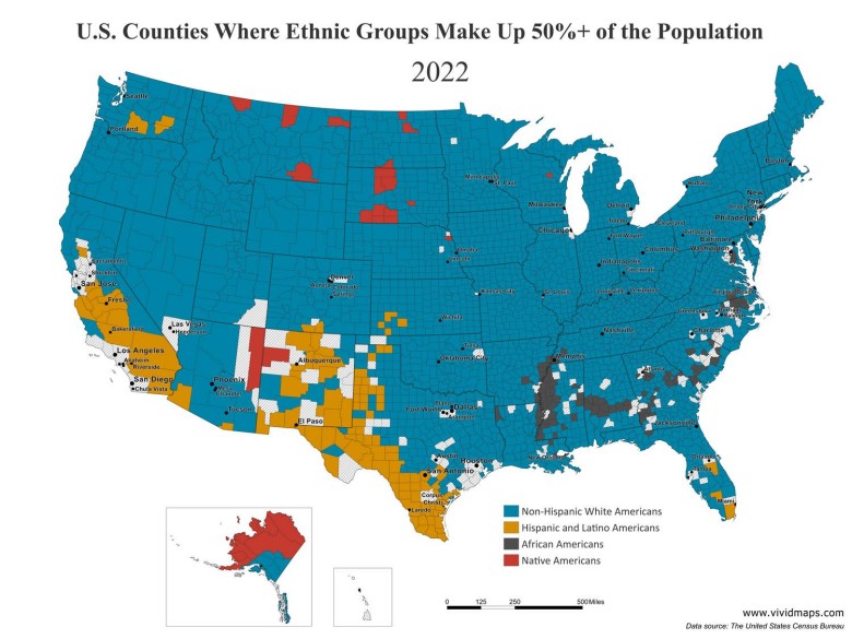 Mapa etniczna USA z podziałem na hrabstwa, gdzie grupy etniczne stanowią ponad 50 proc.populacji, 2022