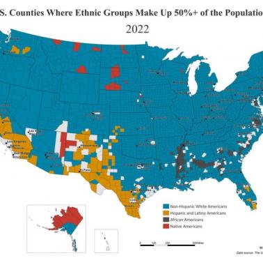 Mapa etniczna USA z podziałem na hrabstwa, gdzie grupy etniczne stanowią ponad 50 proc.populacji, 2022