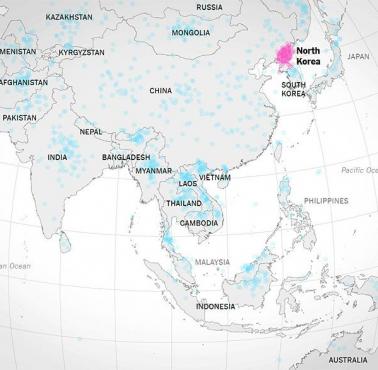 Wyniki ankiety, w której dorośli Amerykanie mieli wskazać umiejscowienie na mapie Azji Korei Północnej