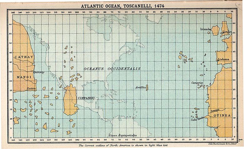 Jedna z najstarszych map Oceanu Atlantyckiego wykonana w 1474 przez Paola dal Pozzo Toscanelliego (w tle realna mapa)