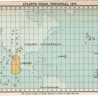 Jedna z najstarszych map Oceanu Atlantyckiego wykonana w 1474 przez Paola dal Pozzo Toscanelliego (w tle realna mapa)