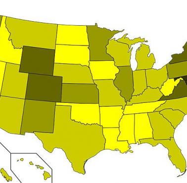 Odsetek Amerykanów w poszczególnych stanach, którzy mają tytuł przynajmniej magistra (dane 2009)
