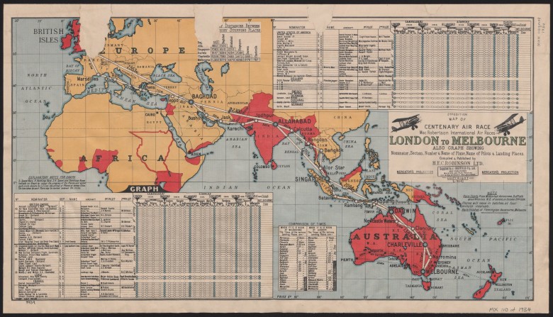 Mapa wyścigu lotniczego z Londonu do Melbourne, 1934