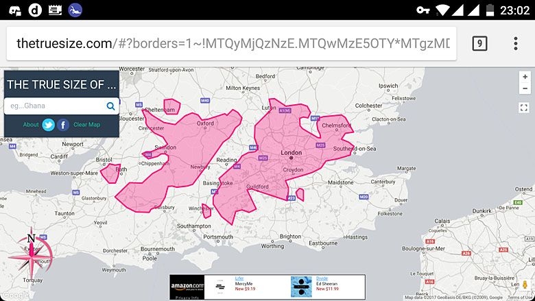 Mapa Falklandów na tle mapy Wielkiej Brytanii