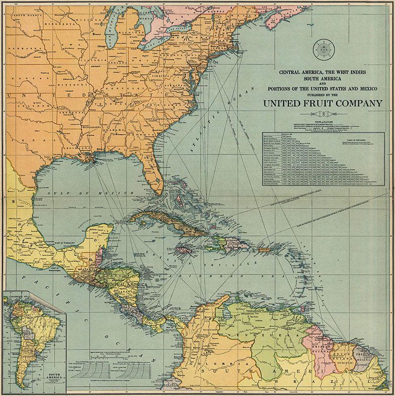 Mapa aktywności handlowej amerykańskiego koncernu United Fruit Company zajmującego się handlem owocami tropikalnymi, 1909