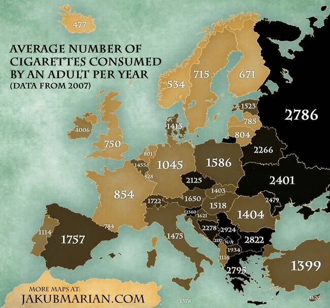 Średnia ilość papierosów przypadająca na jednego dorosłego mieszkańca rocznie w poszczególnych krajach Europy, dane 2007