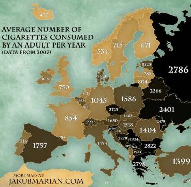 Średnia ilość papierosów przypadająca na jednego dorosłego mieszkańca rocznie w poszczególnych krajach Europy, dane 2007