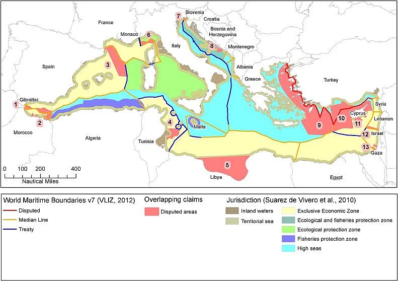 Obszary sporne na Morzu Śródziemnym od 2012 roku