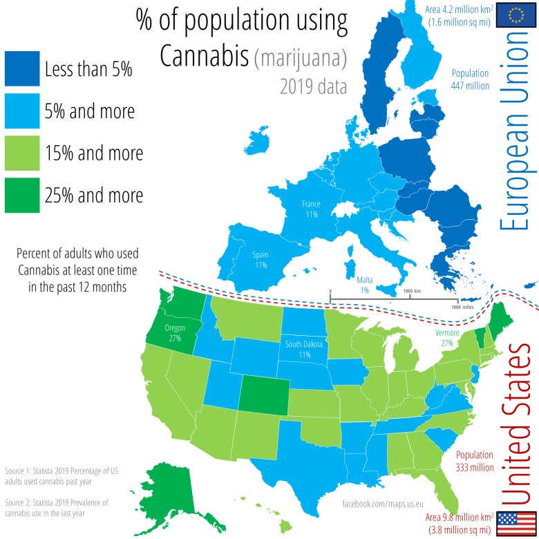 Uzależnienie od marihuany dorosłych (przynajmniej raz w ciągu ostatniego roku) w Europie i USA, 2019