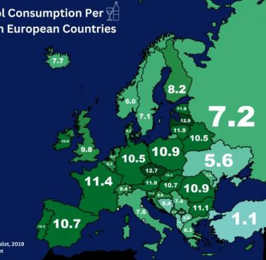 Spożycie alkoholu na jednego mieszkańca w poszczególnych krajach Europy, 2019
