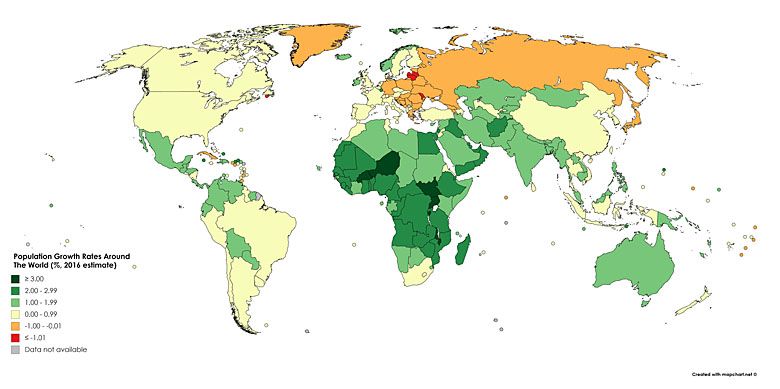 Wskaźniki wzrostu populacji w poszczególnych państwach świata (dane 2016)
