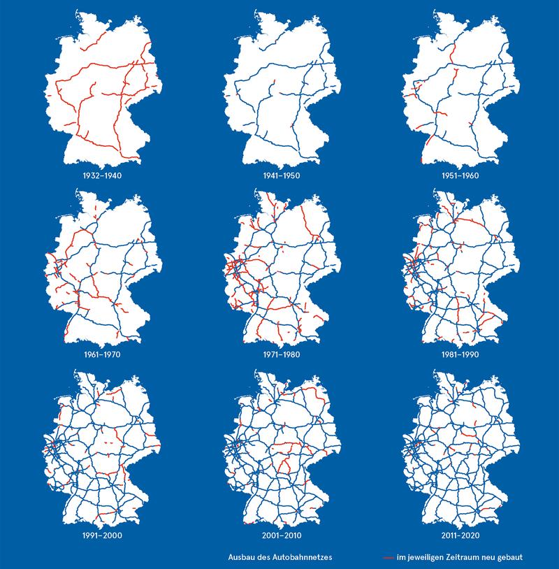 Sieć niemieckich autostrad z podziałem na lata powstawania od 1932 roku