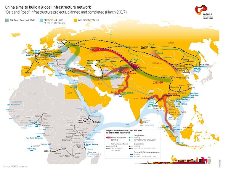 Planowany przez Chińczyków Jedwabny Szlak 2.0, wraz z członkami AIIB (aktualizacja marzec 2017)