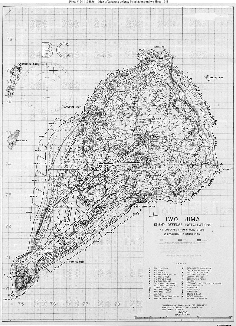 Mapa japońskich instalacji obronnych na wyspie Iwo Jima, 1945