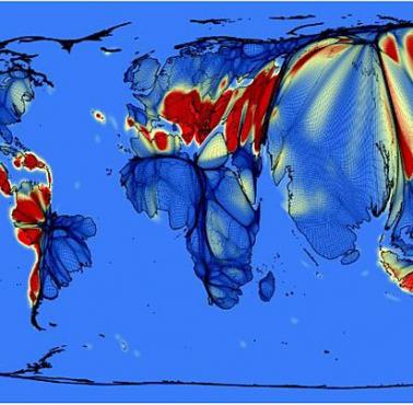 Kartogram światowego zagrożenia trzęsieniami ziemi, opracowanie Benjamin Hennig