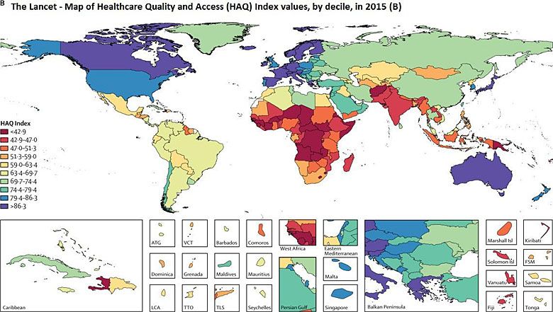 Mapa wskaźników jakości opieki zdrowotnej i dostępności (HAQ), dane 2015 r, źródło The Lancet