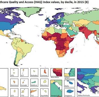 Mapa wskaźników jakości opieki zdrowotnej i dostępności (HAQ), dane 2015 r, źródło The Lancet
