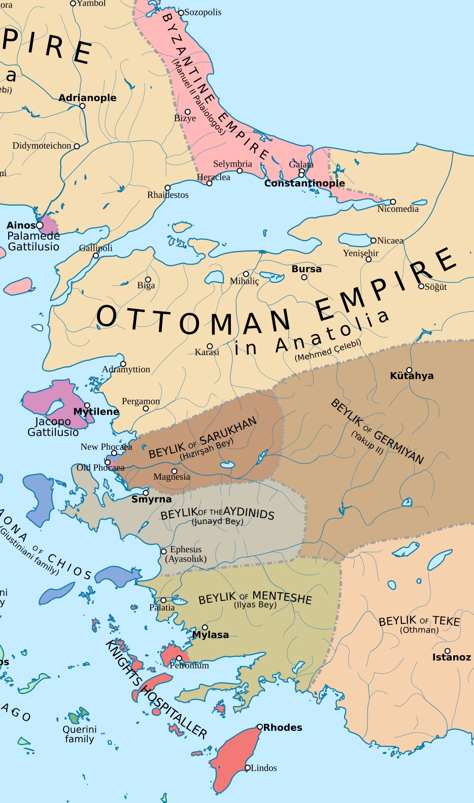 Sytuacja polityczna w zachodniej Anatolii. Upadek Bizancjum, 1410