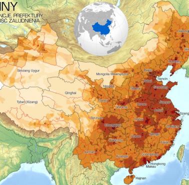 Gęstość zaludnienia Chin z podziałem prowincje i prefektury