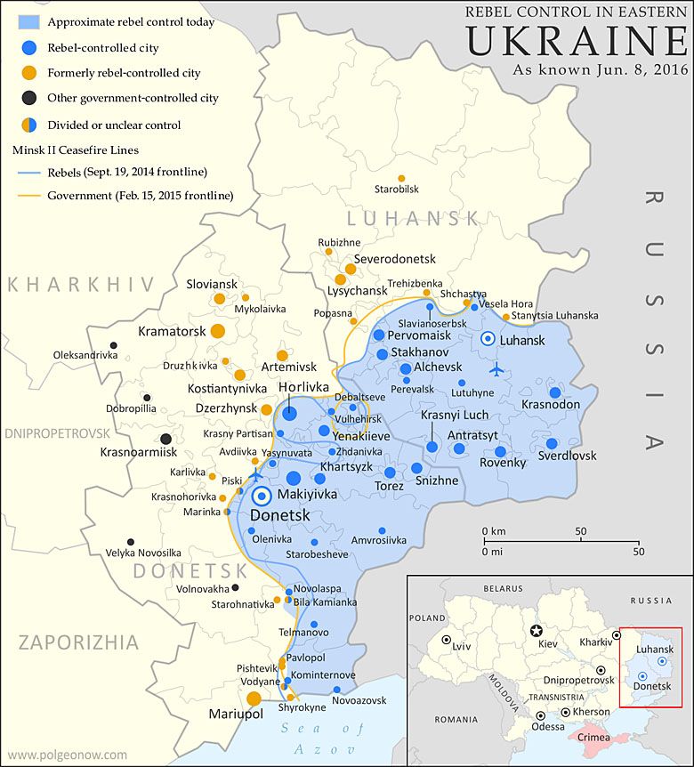 Tereny opanowane przez Rosję na wschodniej Ukrainie, stan czerwiec 2016