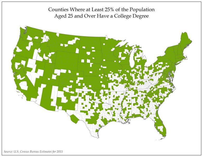 Okręgi w USA, w których co najmniej 25 proc. populacji w wieku 25 lat i więcej posiada stopień naukowy, dane 2015