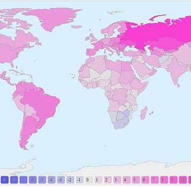 W których krajach kobiety żyją dłużej, a w których mężczyźni - różowe: kobiety, niebieskie: mężczyźni